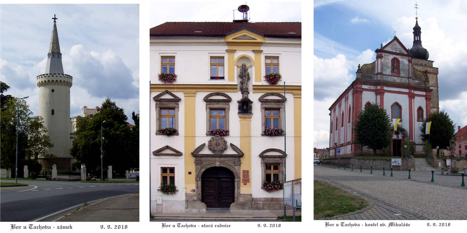 Borská zámecká věž, stará radnice a farní kostel.