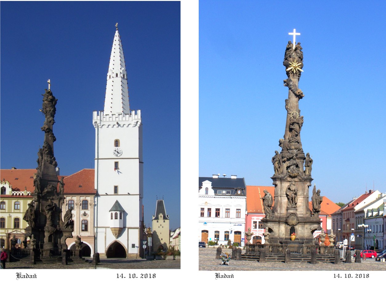 Radniční věž - bílá dáma a sloup Nejsvětější Trojice.