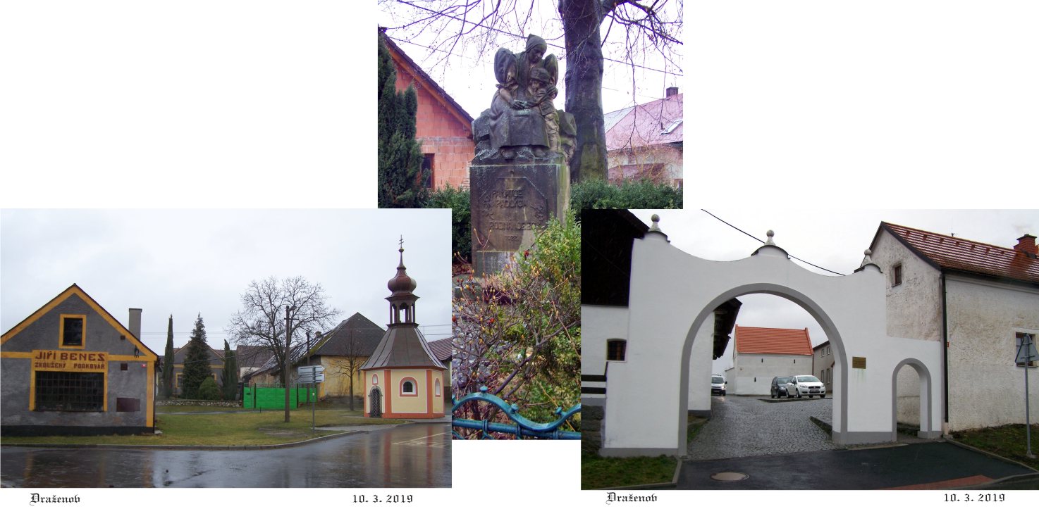 Draženovská náves s pomníkem padlých ve světové válce a obnovený chodský statek.