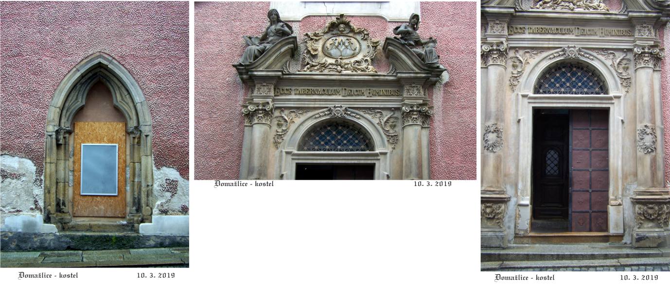 Gotický starý portál a nový barokní vstup do farního kostela.