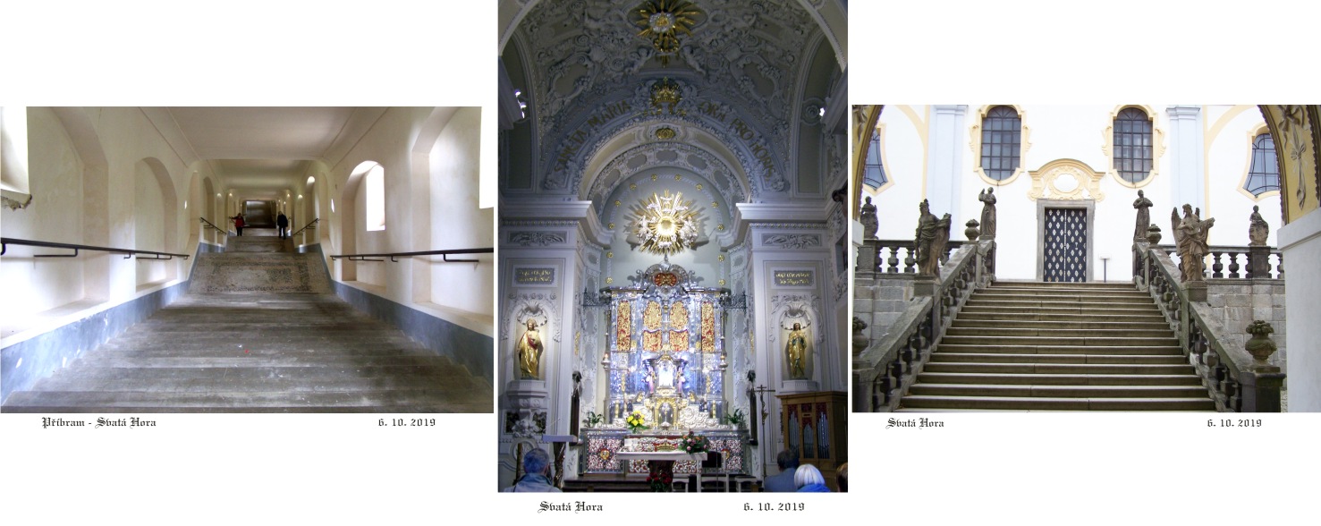 Kryté schodiště a kaple se svatou soškou.