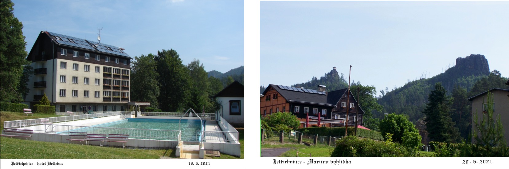 Jetřichovice - hotel Bellevue a pohled na Mariinu skálu a Havraní vrch.