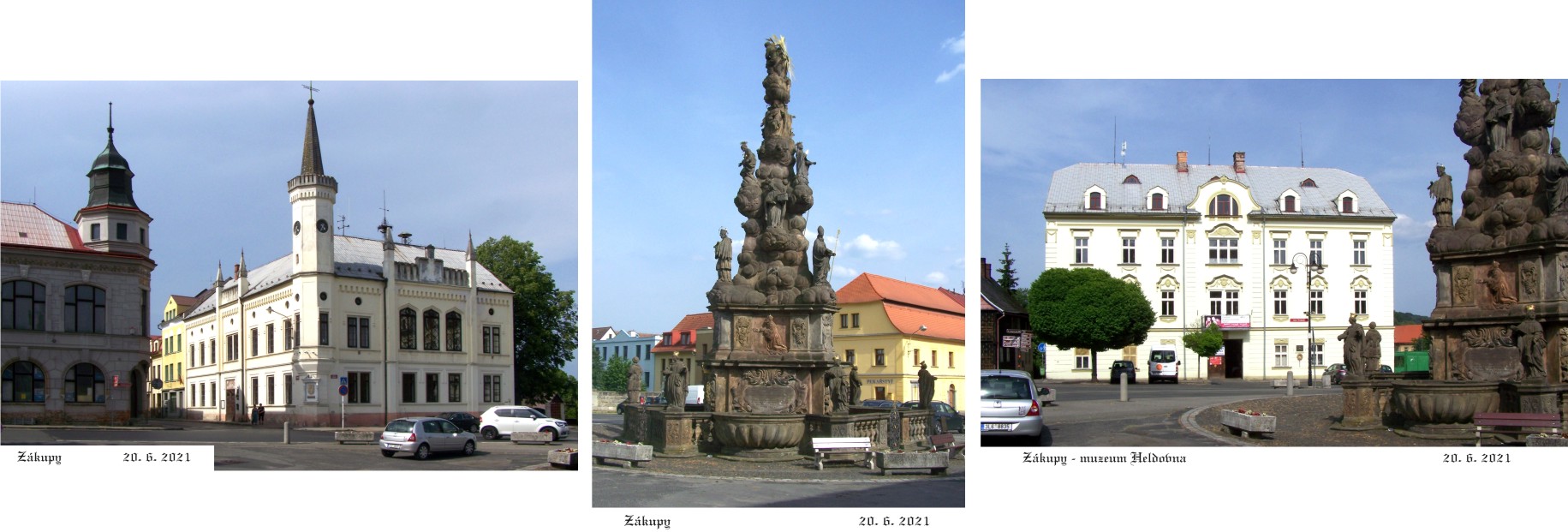 Zákupy město - velkolepý morový sloup, radnice a vila Heldovna.