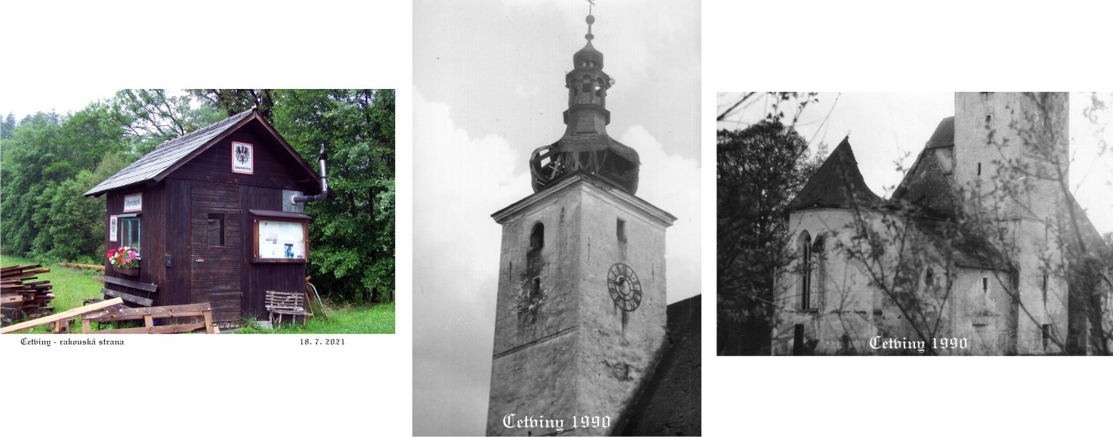 Cetviny - rakouská strana se starou celnicí a zničený kostel na konci socialistického experimentu.