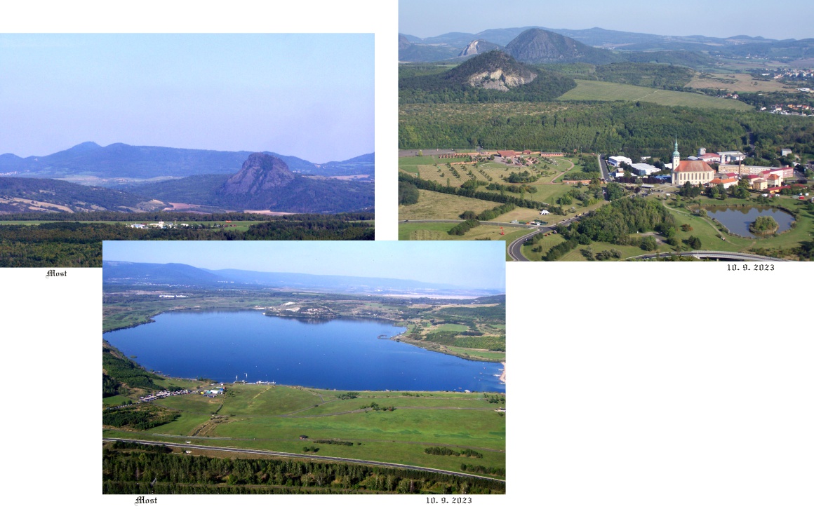 Pohled z Hněvína na České středohoří, Krušné hory a umělé jezero Starý Most.